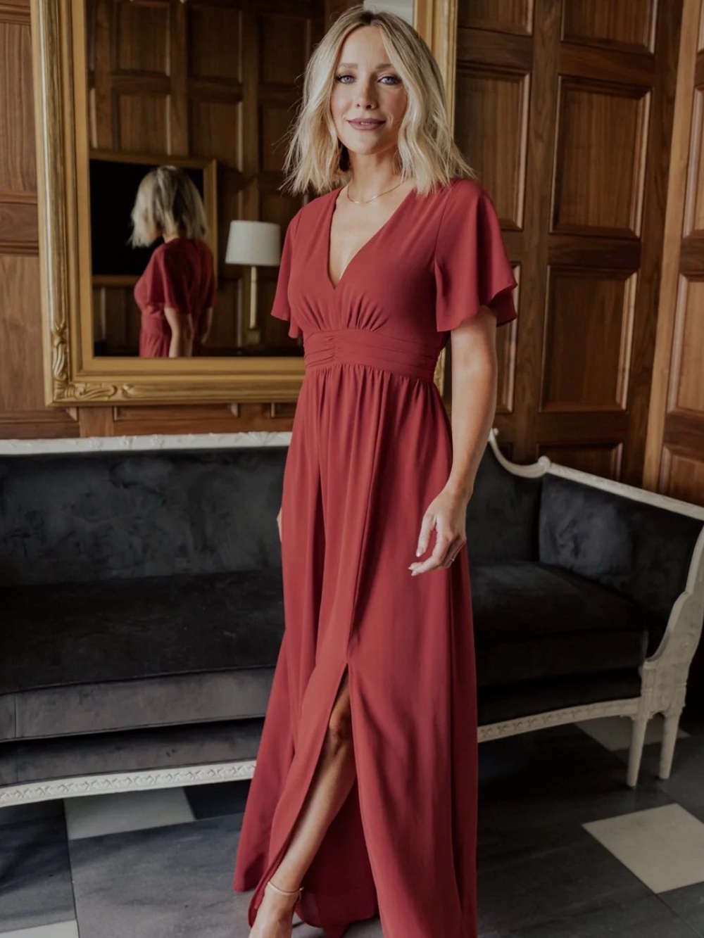 Baltic Born Ramona Terracotta V-Neck Maxi Dress with Flutter Sleeves